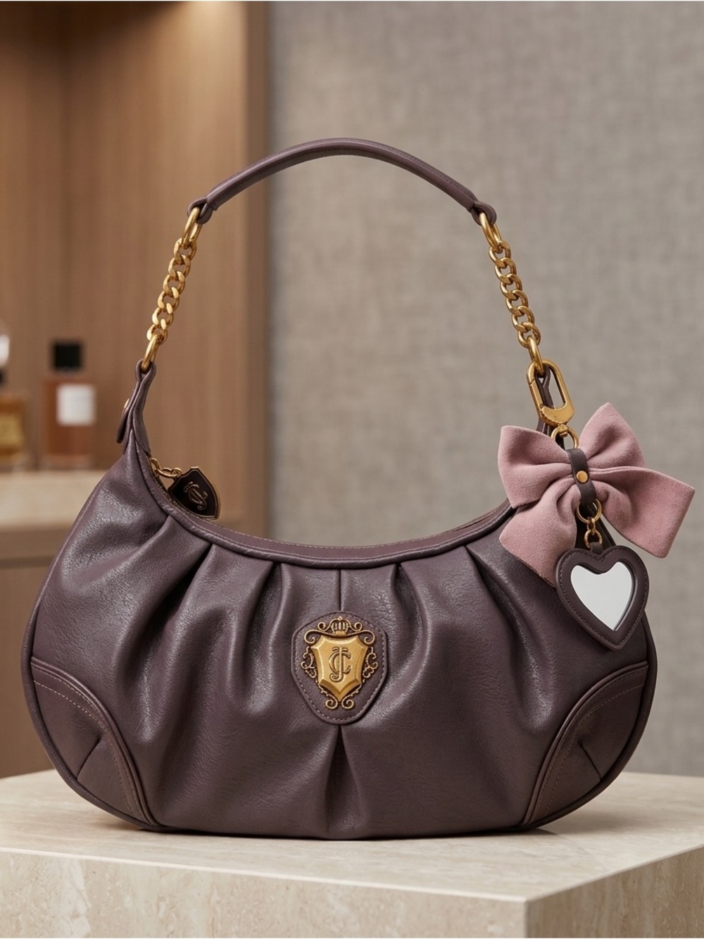 Juice Couture Brown 90’s Faux Leather Y2K Shoulder Bag with Pink Bow Charm